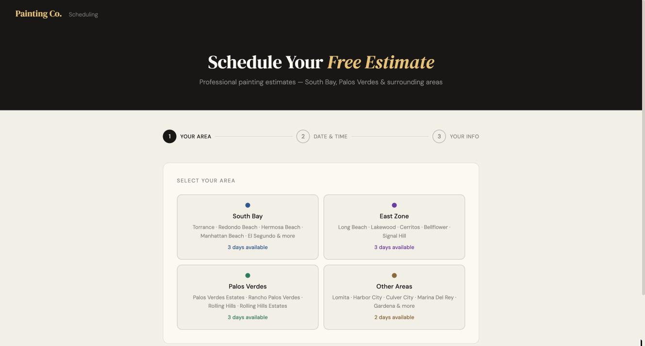 Estimate booking page asking the homeowner to pick their area, with days available in each