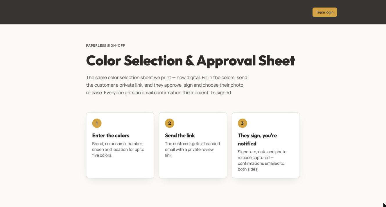 Color selection and approval sheet: enter the colors, send the link, the customer signs