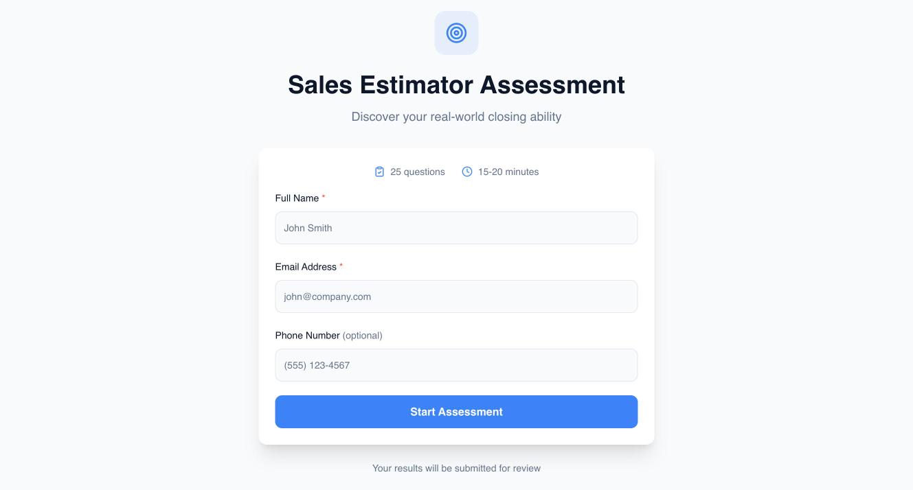 Sales estimator assessment start screen: 25 questions, 15 to 20 minutes