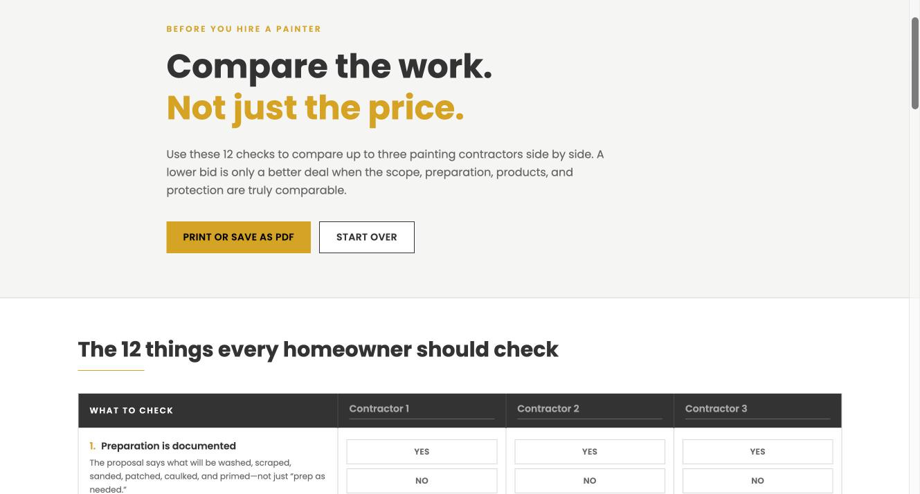 Compare the work, not just the price: a 12-point checklist comparing three painting contractors