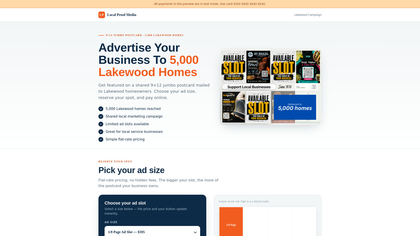 Local postcard ad marketplace screenshot