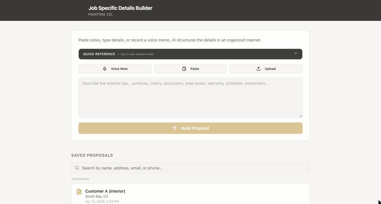 Proposal builder with voice note, paste and upload options and a list of saved proposals