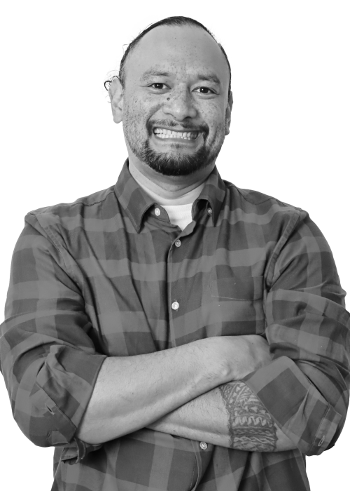 rob pene checkered shirt headshot gray